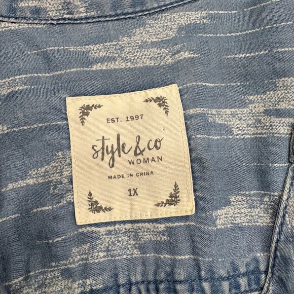 Style & Co Plus Size 1X Chambray Top Southwest Western Button Up Short Sleeve - Picture 4 of 13